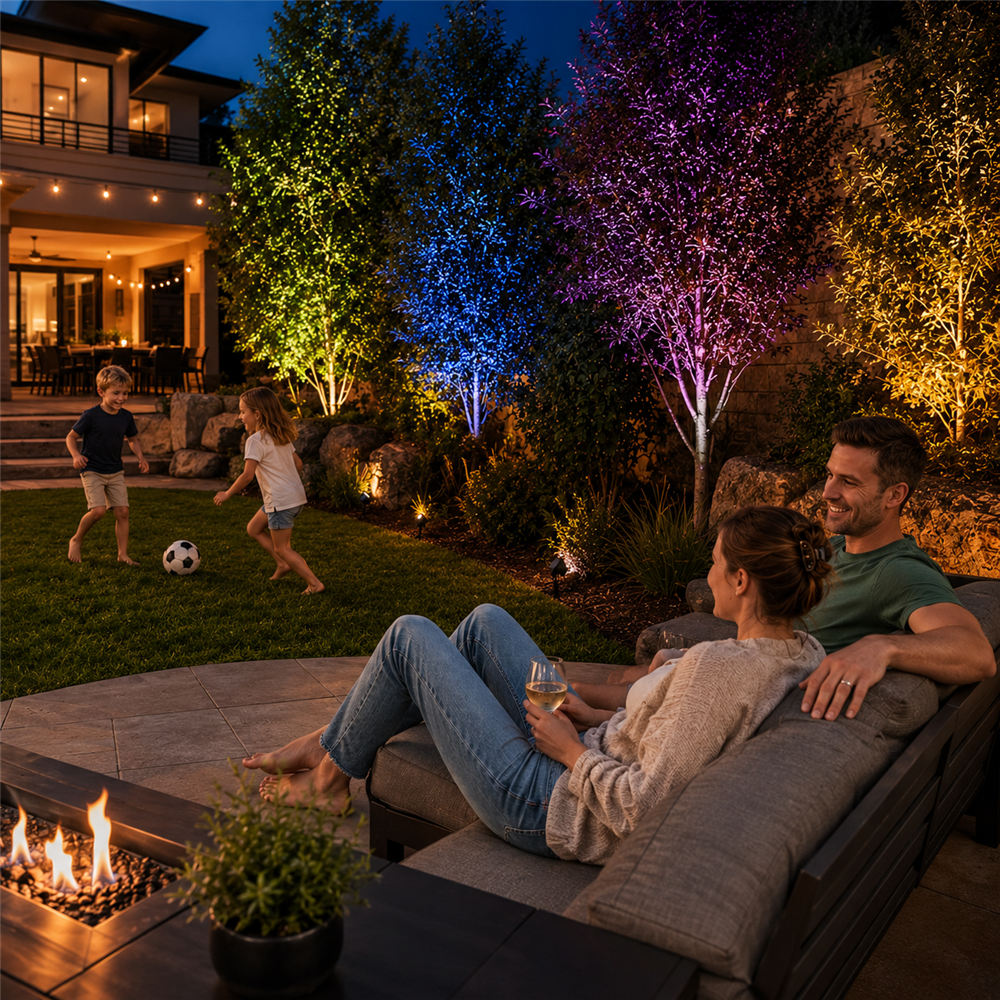 Backyard trees uplit in different colors by smart spot lights while a family relaxes on the patio
